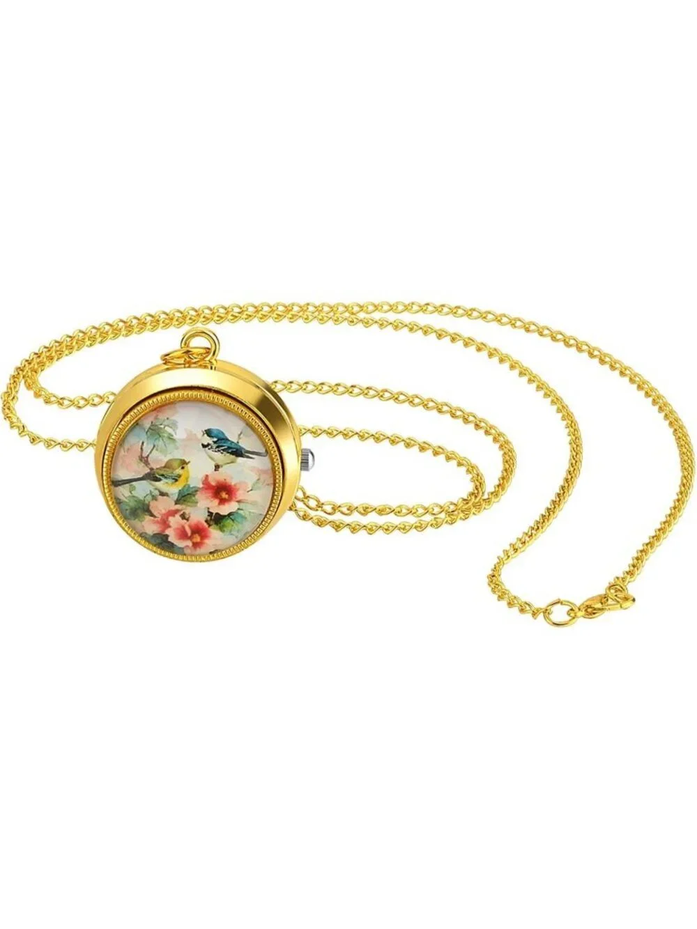 Women's Gold Quartz Flower Birds Vintage Pendant Necklace Chain Pocket Watch
